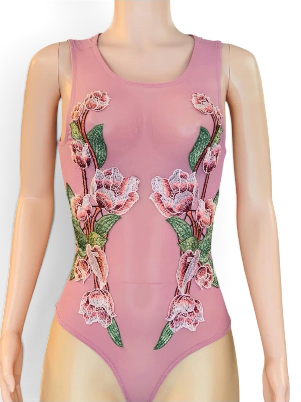 iris Rose Pink Floral Appliqué Scoop Neck Bodysuit